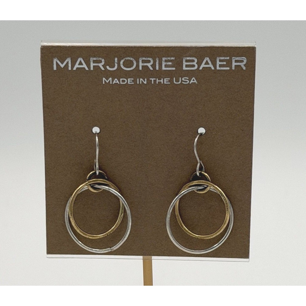 Marjorie Baer SF Two Tone Interlocking Circle Drop Earrings New on Card USA Made